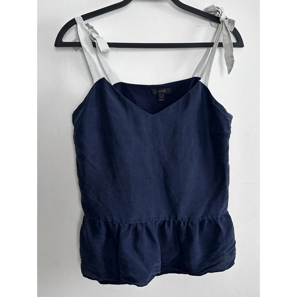 J.Crew Navy 100% Silk Tie Shoulder Peplum Camisole 6 Casual Romantic Feminine
